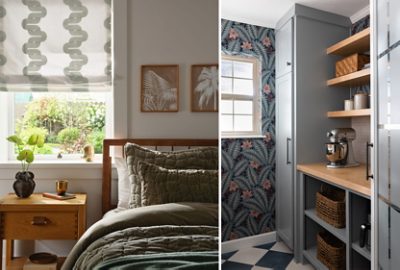 A collage showing a cozy bedroom painted Sherwin-Williams Eider White with a green comforter and nightstand beside a window, and a compact kitchen pantry in Sherwin-Williams Mineral Deposit with floral wallpaper and open shelves displaying kitchen appliances.