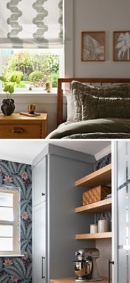 A collage showing a cozy bedroom painted Sherwin-Williams Eider White with a green comforter and nightstand beside a window, and a compact kitchen pantry in Sherwin-Williams Mineral Deposit with floral wallpaper and open shelves displaying kitchen appliances.