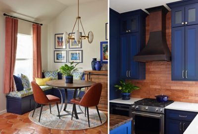 A collage featuring a cozy dining area with a round wooden table and terracotta chairs next to a window nook bench in Sherwin-Williams Naval and walls in Greek Villa, and a modern kitchen with cabinets in Sherwin-Williams Dress Blues and a dark vent hood.