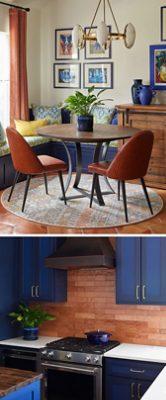 A collage featuring a cozy dining area with a round wooden table and terracotta chairs next to a window nook bench in Sherwin-Williams Naval and walls in Greek Villa, and a modern kitchen with cabinets in Sherwin-Williams Dress Blues and a dark vent hood.