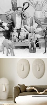 A split image featuring a black-and-white photo of the Phillipses with decorative objects and a modern living room with a sofa and minimalist wall art in the shape of serene faces.