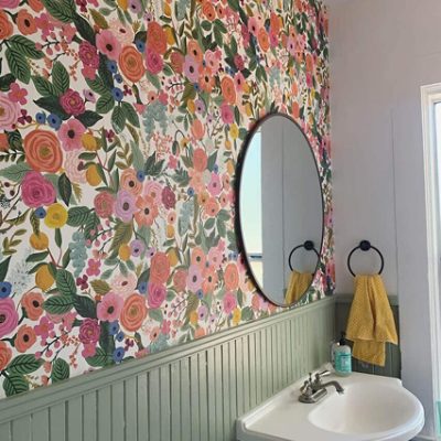 A colorful, floral wallpaper used in a bathroom