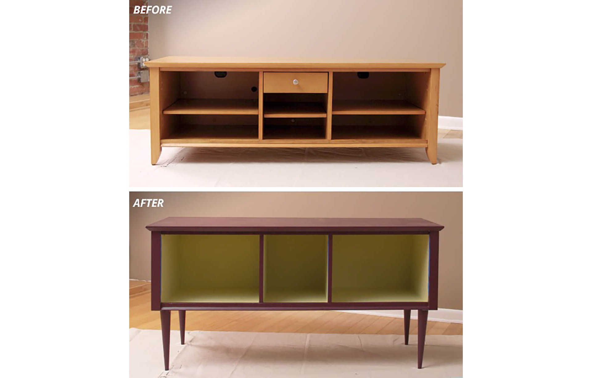 A before and after of a console table being painted.