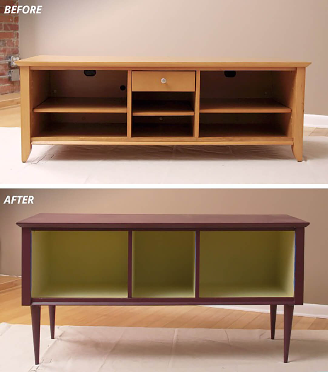 A before and after of a console table being painted.