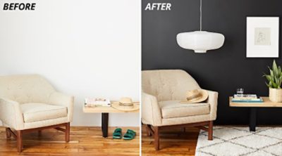 A before and after of a wall being painted black.