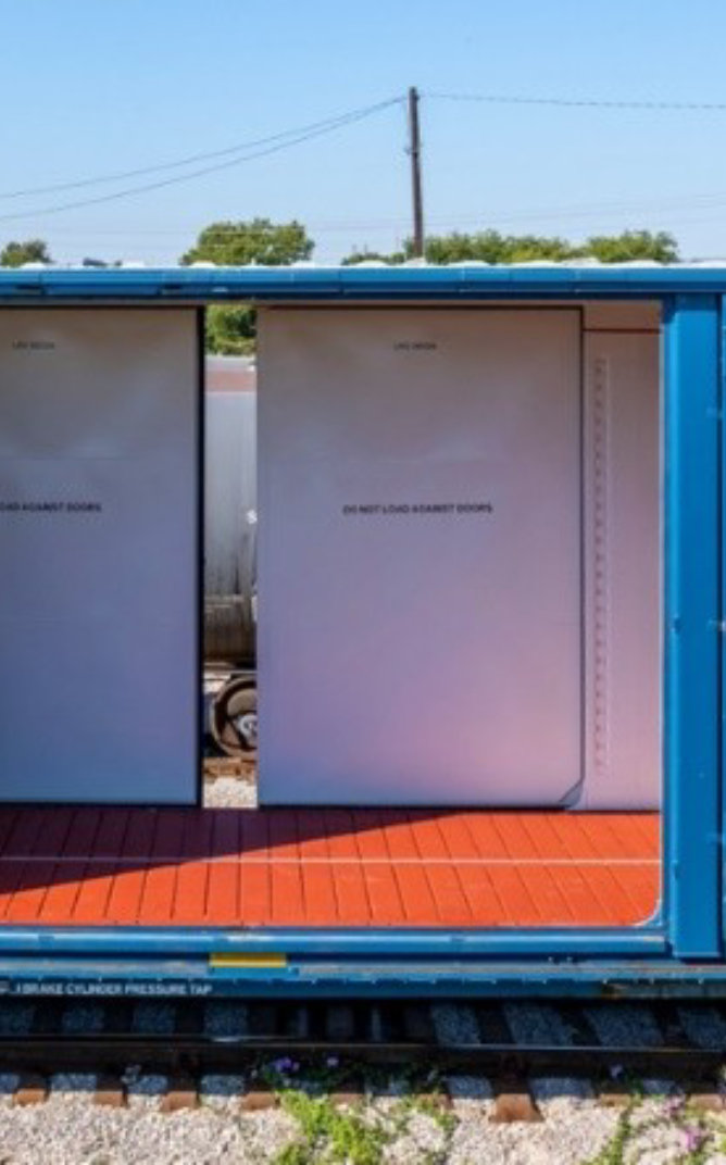 close up of blue rail car