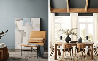 Left image: blue walls with neutral chair and coffee table on textured rug, right image: dining room with large windows and seating with table.