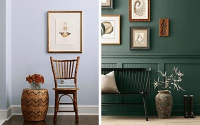 Left image: light blue walls with print, wooden chair, and side table, right image: dark green walls with gallery wall, black bench, and potted plant.