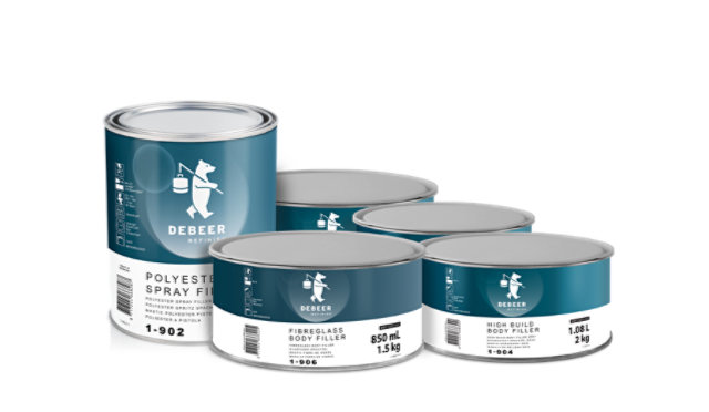 DeBeer automotive body fillers in an assortment of packaging