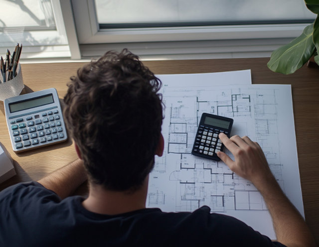 Person looking over plans and calculating square footage.