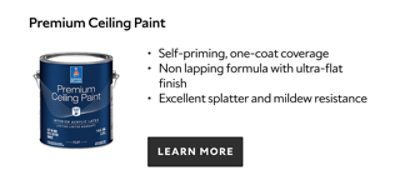 A can of Sherwin-Williams Premium Ceiling Paint, showcasing its self-priming, one-coat coverage formula, along with excellent resistance to splatter and mildew.