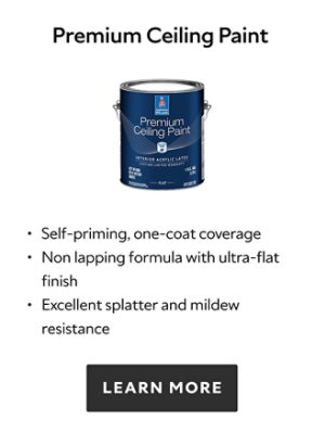 A can of Sherwin-Williams Premium Ceiling Paint, showcasing its self-priming, one-coat coverage formula, along with excellent resistance to splatter and mildew.