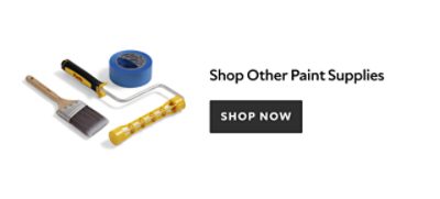 A paint brush, roller, and blue painters tape lying next to each other with a "Shop Now" button.
