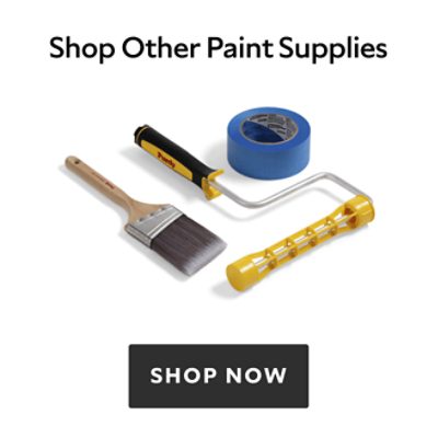 A paint brush, roller, and blue painters tape lying next to each other with a "Shop Now" button.