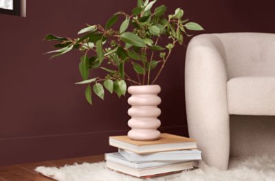 A decorative vase sitting on top of books in front of a wall painted Carnelian SW 7580.