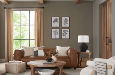 A living room painted SW 9172 Studio Clay with leather and wood accents.