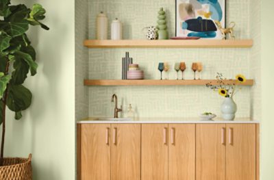 A wall painted Honeydew SW 6428, paired with a counter with a sink, wooden cabinets, and decorative vases.