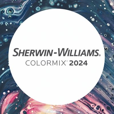 Sherwin Williams Colormix 2024 Anthology Volume one logo, large white circle with watercolor looking background.