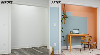 A before and after of an accented painted wall. SW colors featured: SW 6352, SW 6218, SW 7616.