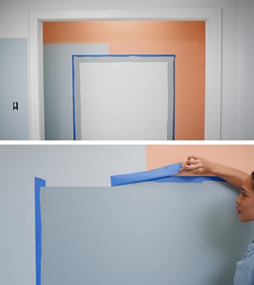 A woman using painters tape to paint an abstract wall. SW colors featured: SW 6352, SW 6218, SW 7616.