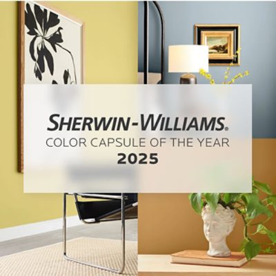 A promotional graphic for Sherwin-Williams featuring the "Color Capsule of the Year 2025." The background is a collage of interior design elements: a black and white abstract painting on a yellow wall, a modern chair with chrome legs, a lamp on a table against a blue wall with an ornate picture frame, and a plant in front of an orange wall.