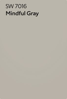 A Sherwin-Williams Color Chip for Mindful Gray SW 7016.