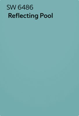 Solid teal color swatch labeled 'SW 6486 Reflecting Pool' in white text.