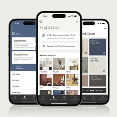 Three iPhones showcasing features of the Sherwin-Williams Color Expert App.
