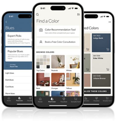 Three iPhones showcasing features of the Sherwin-Williams Color Expert App.