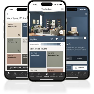 Three phones showing the Sherwin-Williams Color Expert App.