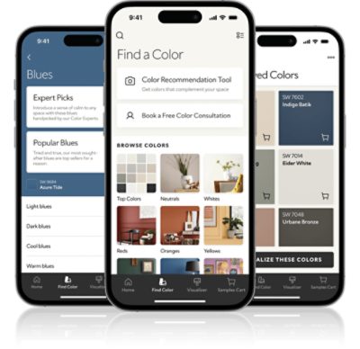 Three phones showing the Sherwin-Williams Color Expert App.
