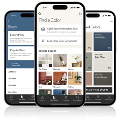 Three phones showing the Sherwin-Williams Color Expert App.