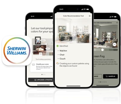 Three iPhones showcasing features of the Sherwin-Williams Color Expert App.