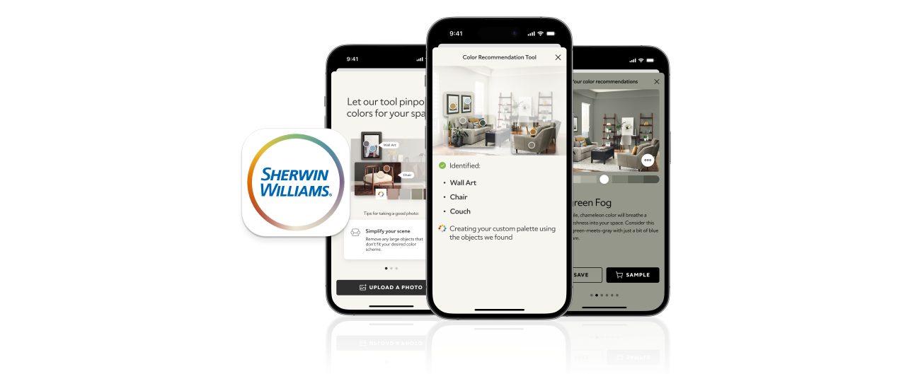 Three iPhones showcasing features of the Sherwin-Williams Color Expert App.