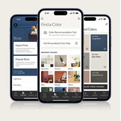 Three phones showing the Sherwin-Williams Color Expert App.