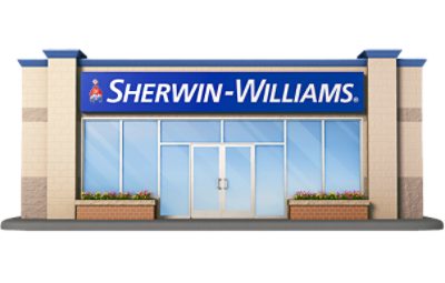 Exterior of a Sherwin-Williams store with a blue sign, glass entrance, and flower beds on either side.