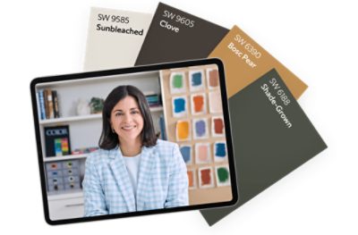 A tablet displaying a person with color swatches in the background with color chips to the side of the tablet.