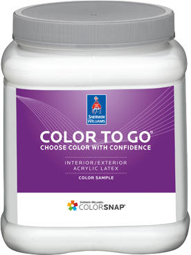 A sample quart of Sherwin-Williams interior/exterior acrylic latex paint called Color To Go.