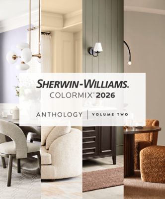 Sherwin-Williams Colormix 2026: Four interior design styles featuring modern gray dining, cozy beige living, olive green with dark wood, and warm-toned orange dining areas.