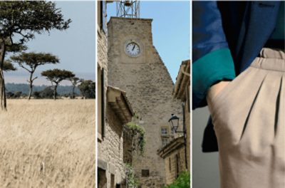 Three images depicting khaki colors in the world. Left image showing the plains of Africa with tall, skinny trees. Middle image shows a clock tower made of khaki colored stone. Right image is a person wearing khaki colored pants.