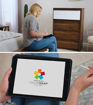A woman is using Colorsnap Visualizer to plan a new paint design for the dresser.