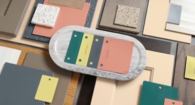 Paint and textile swatches.