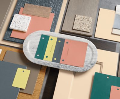 Paint and textile swatches.