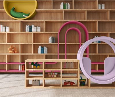 A reading area with a circular seat for a small child painted Euphoric Lilac SW68635.