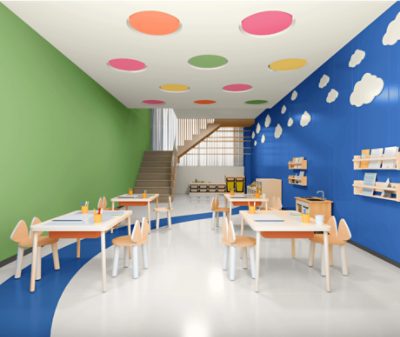 A young children's classroom with a wall painted Talipot Palm SW7626.