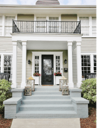 A front walkway of a house with stained concrete steps and porch.