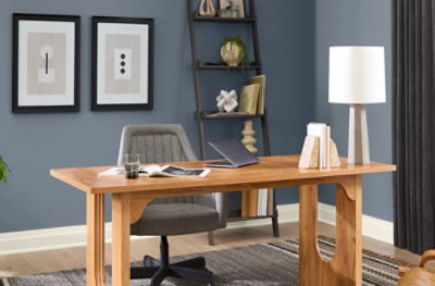 Office painted in SW 6249 Storm Cloud with light decor, a bookshelf, wooden desk over a large rug.