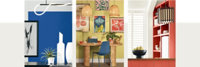 Split image showing three interior styles: left with a modern blue wall, abstract art, and vases; center with a green wall, wooden desk, and colorful artwork; right with a red-shelved kitchen, white shutters, and a bowl of lemons.