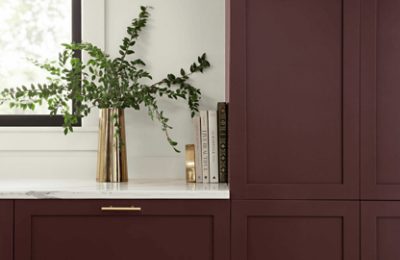 Kitchen cabinets painted Carnelian.