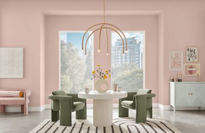 A dining room painted Sashay Sand.